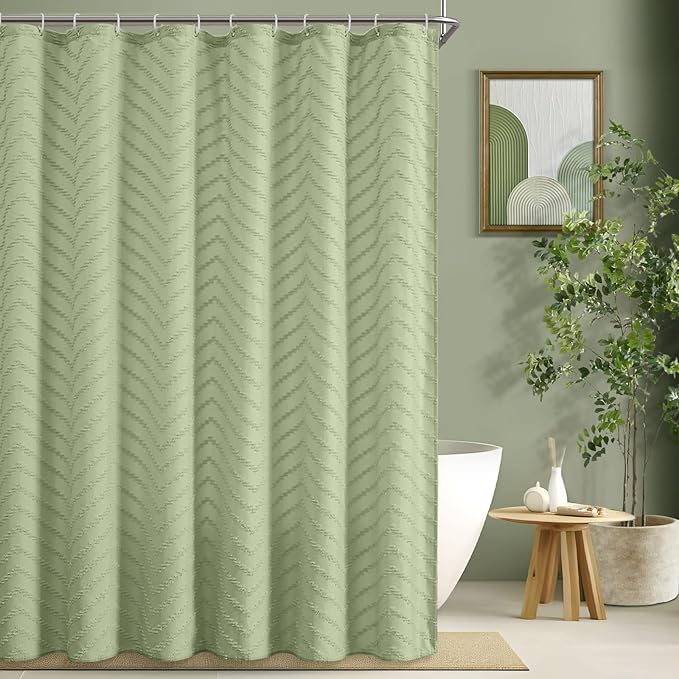 Green Shower Curtain Boho Woven Fabric Shower Curtain Tufted Chervon Textured Shower Curtain Modern Minimalist Shower Curtain for Bathroom Neutral Striped Waterproof Shower Curtain 72 x 72 Inches