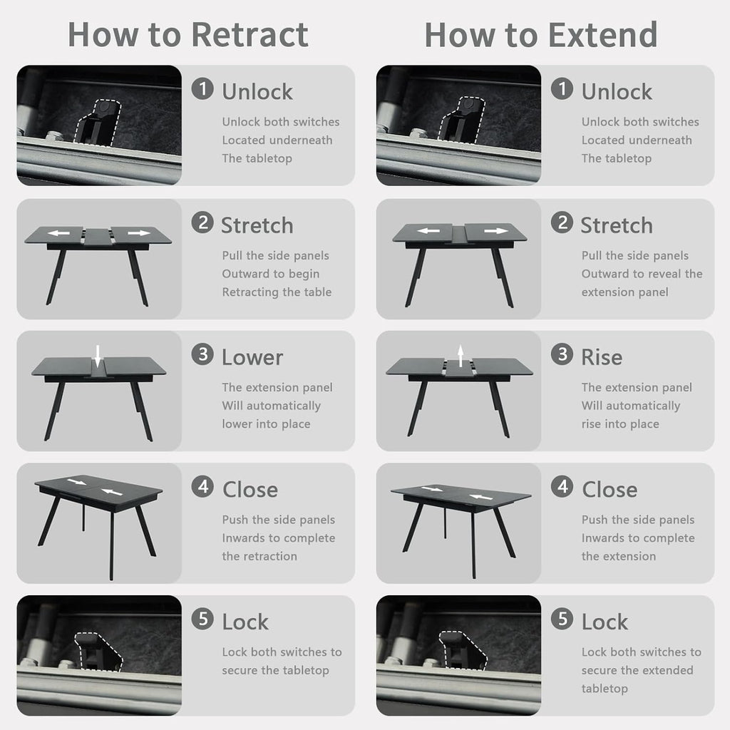 Extendable Dining Table 47-59 Inch - Space-Saving Slide-Out Design, Black Lava MDF Top for 4-8 People, Perfect for Dining Room, Apartment & Home Office