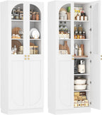 Cyclysio 80" Kitchen Pantry Cabinet with Tempered Glass & Soft Close Doors | Tall Arch Storage Cabinet, Freestanding Wood Floor Cupboard Bookcase with Seamless Fit Wall for Dining Living Room, Bathroom