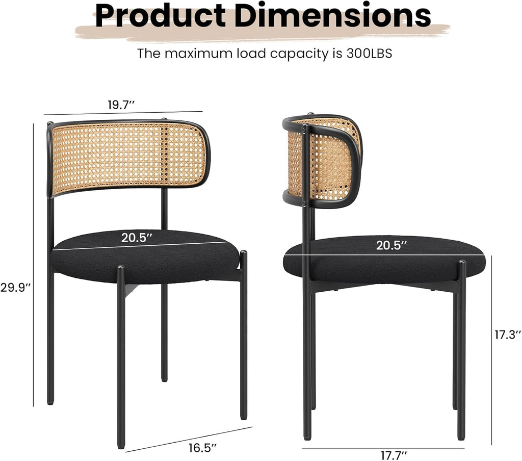 Farini Dining Chairs Set of 4,Mid-Century Modern Kitchen Chair Rattan Backrest Round Upholstered Sherpa Dining Chairs with Metal Legs,Black