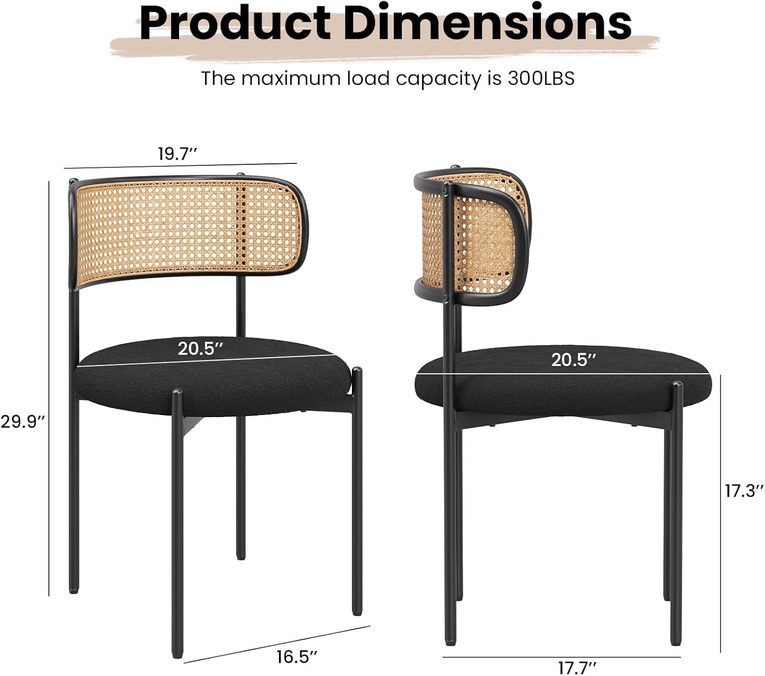 Farini Dining Chairs Set of 4,Mid-Century Modern Kitchen Chair Rattan Backrest Round Upholstered Sherpa Dining Chairs with Metal Legs,Black