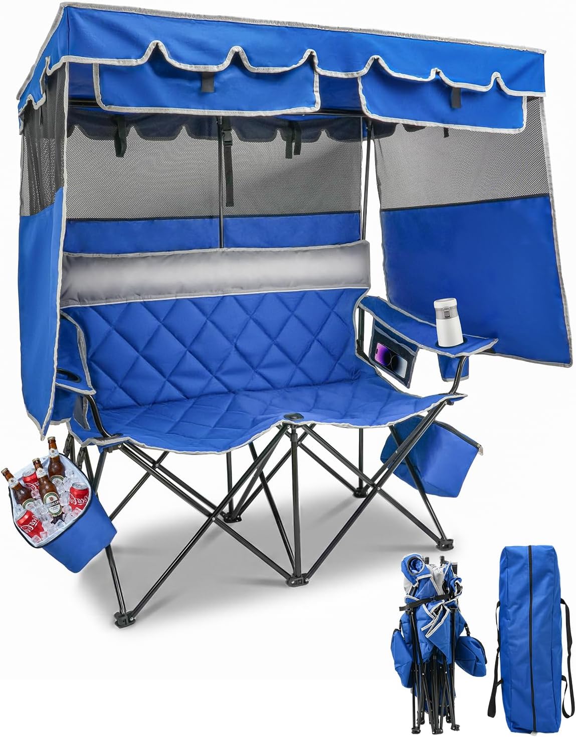 HOPERAN Double Camping Chair with Canopy, Heavy Duty 660lbs Double Beach Chair with Umbrella, Cooler & Cup Holder, Oversized Folding loveseat with Shade for Outside Sports, Beach, Lawn, Fishing