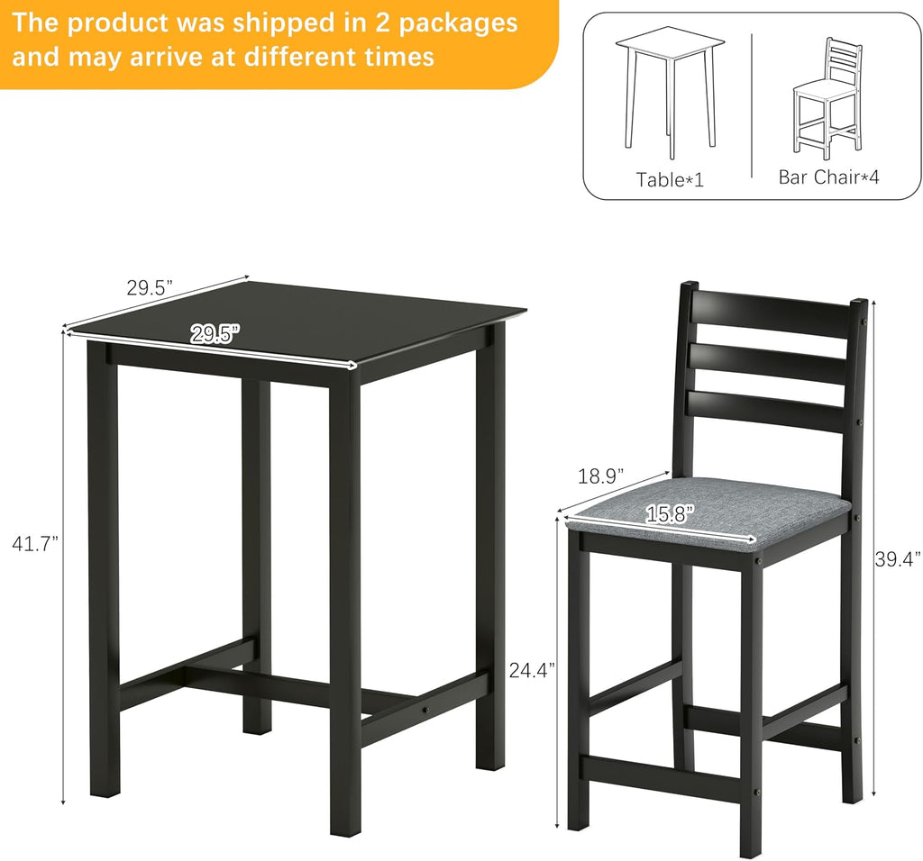 27.5 inch Bar Table and Chairs Set, Solid Wood Bar Height Pub Table and Chairs Set of 4, Counter Height Table Set, Square High Top Table and Chairs Set for Dining Room