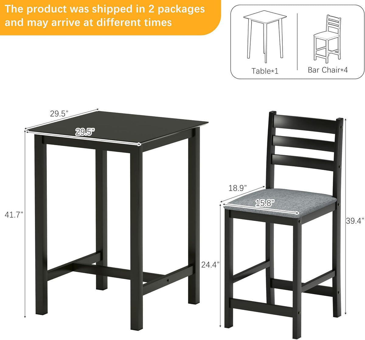 27.5 inch Bar Table and Chairs Set, Solid Wood Bar Height Pub Table and Chairs Set of 4, Counter Height Table Set, Square High Top Table and Chairs Set for Dining Room