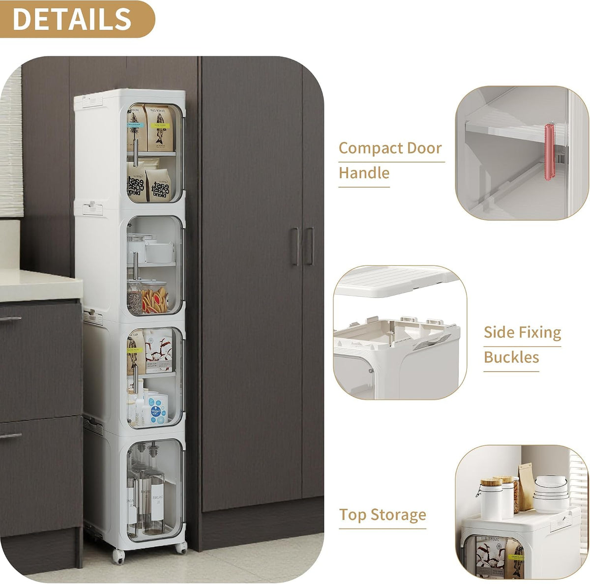 Narrow Slim Bathroom Storage Cabinet with Wheels, 4-Tier White | Tool Free Assembly, Adjustable Shelves, Fits for Narrow Spaces, Reinforced Stability, Magnetic Clear Door