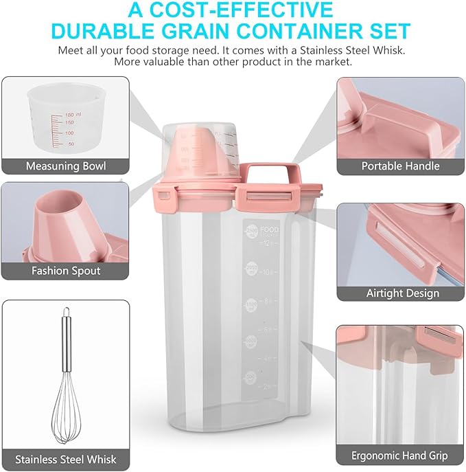 Rice Airtight Dry Food Storage Containers, BPA Free Plastic Storage Bin Dispenser with Pourable Spout, Measuring cup for Cereal, Flour and Baking Supplies, Include a Stainless Steel Whisk
