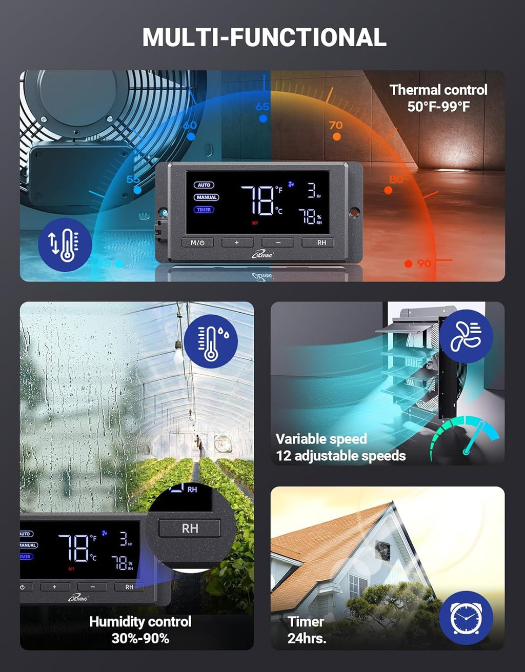 iLiving 14" Wall Mounted Shutter Exhaust Fan, Automatic Shutter, Temperature and Humidity Controls with Variable Speed, 1200 CFM at 1600 RPM DC Motor