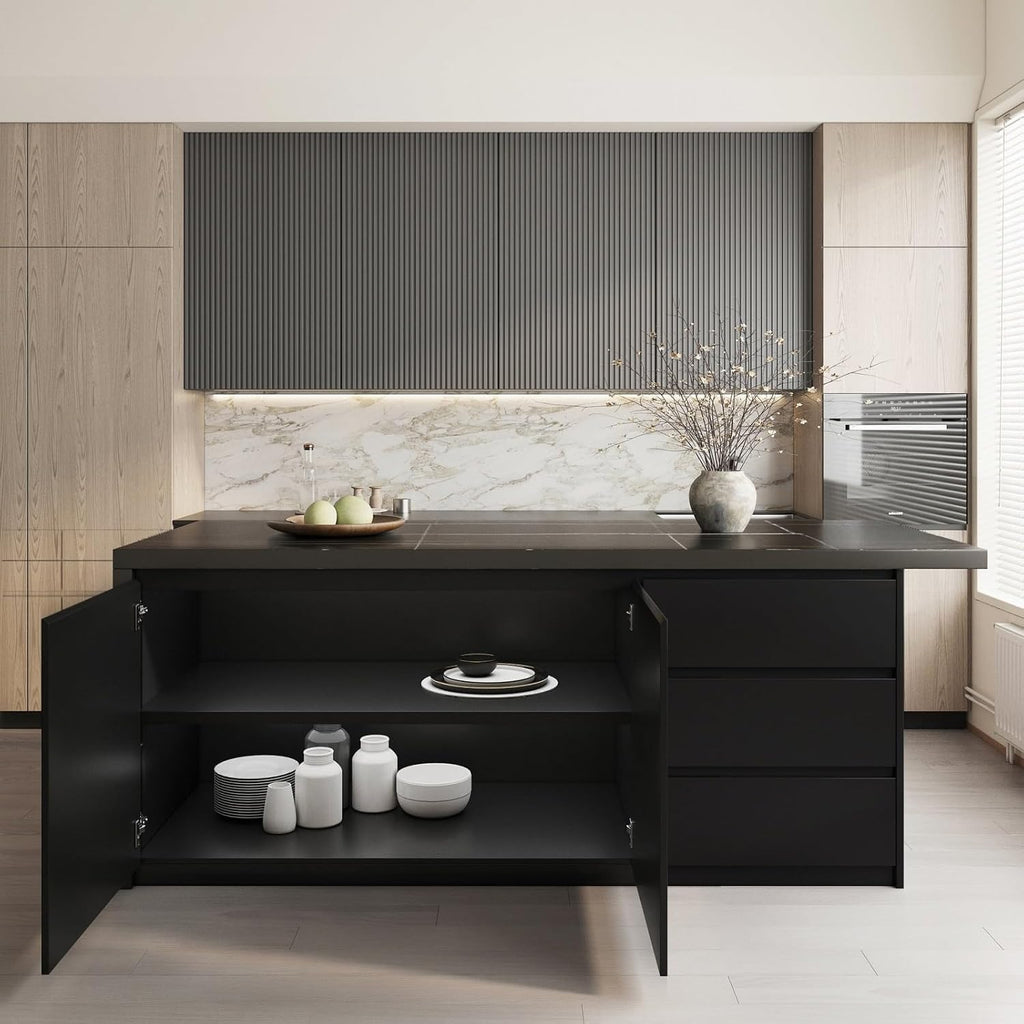 homary Kitchen Island with Storage & Wine Rack, 72" Modern Black Kitchen Cabinet with Wood Top, Large Fixed Island with 3 Drawers & 6 Adjustable Shelves, Without Bar Stools