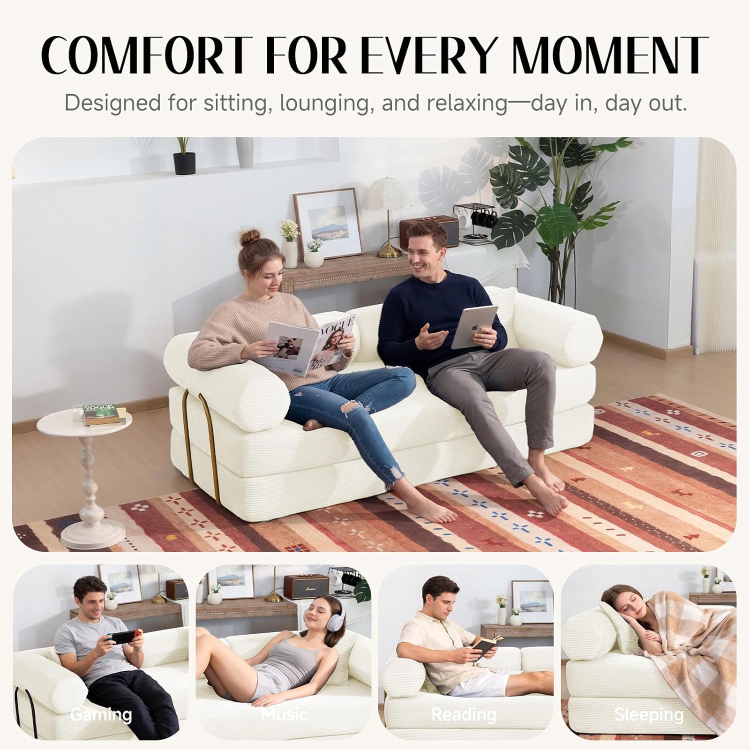 79" Corduroy Sofa Bed, Couch in a Box with 2 Pillows, High-Density Foam 4-in-1 Foldable Sleeper Futon Loveseat for Small Spaces, No Assembly, Side Pockets, Hex Arm White