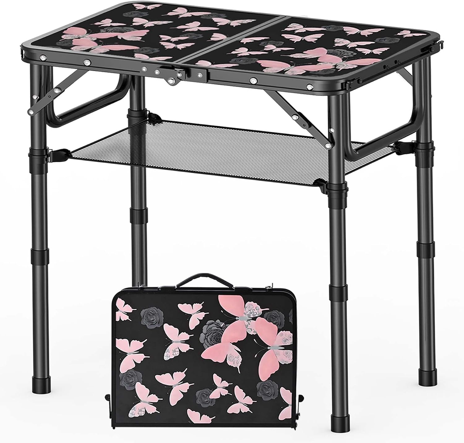 YihuiKo Small Camping Table, Vintage French Butterfly Pattern Folding Table | Adjustable Height, Lightweight Portable Folding Table, For Patio/Garden/Travel/Living Room, Carry Handle, Storage Net