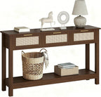Luoxiao Console Table for Entryway with 3 Rattan Drawers Storage Open Shelf | Narrow Entry Table for Hallway, Foyer, Couch, Front Entrance, Anti-Tip, Easy to Assemble, 47 Inch, Walnut, Mid-Century Modern