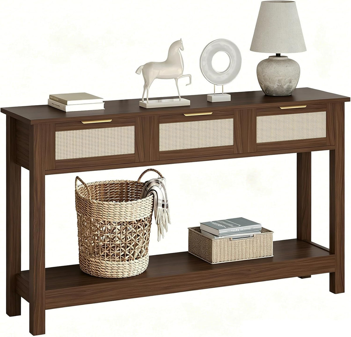 Luoxiao Console Table for Entryway with 3 Rattan Drawers Storage Open Shelf | Narrow Entry Table for Hallway, Foyer, Couch, Front Entrance, Anti-Tip, Easy to Assemble, 47 Inch, Walnut, Mid-Century Modern