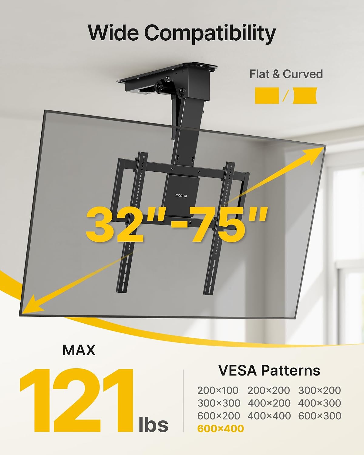 monTEK Motorized Ceiling TV Mount for 32-75 Inch TVs, Holds up to 121 lb | Lower VESA fit helps avoid ceiling contact; electric flip-down, remote/app/voice, max VESA 600x400 mm, flat/pitched ceilings