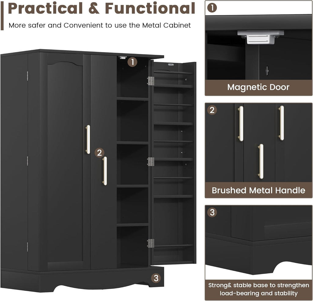 kepptory 47" Kitchen Pantry, Farmhouse Storage Cabinet with Barn Doors, Organizer, Pantry Cabinet with Lock Door and Adjustable Shelves, Rustic Wood Cupboard for Kitchen, Dining Room, Bathroom, Black