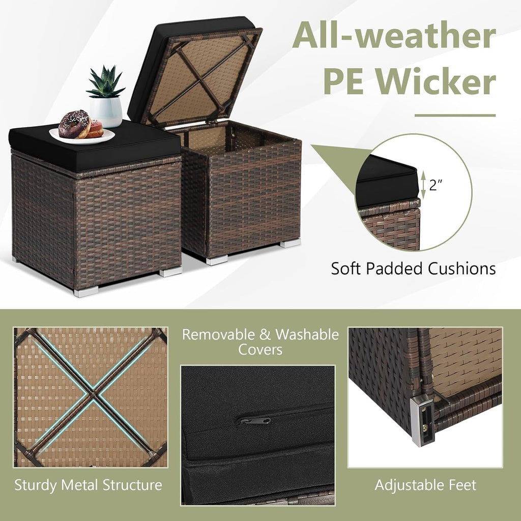 ORALNER 16" Outdoor Ottoman, Set of 2 Wicker Ottoman with Storage, All-Weather Rattan Cube Footstool w/Removable Cushion Covers, Square Foot Rest Seating for Patio, Porch, Deck, Poolside (Black)