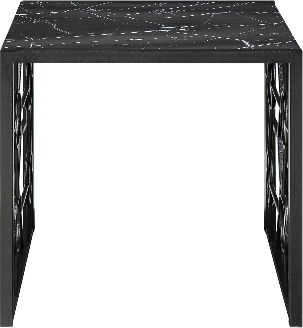 Polay 3pc Stylish Occasional Table Set Marble Print Tempered Glass Top | Features marble print tempered glass tops, metal base with lower shelf for storage. Ideal for modern living room, office