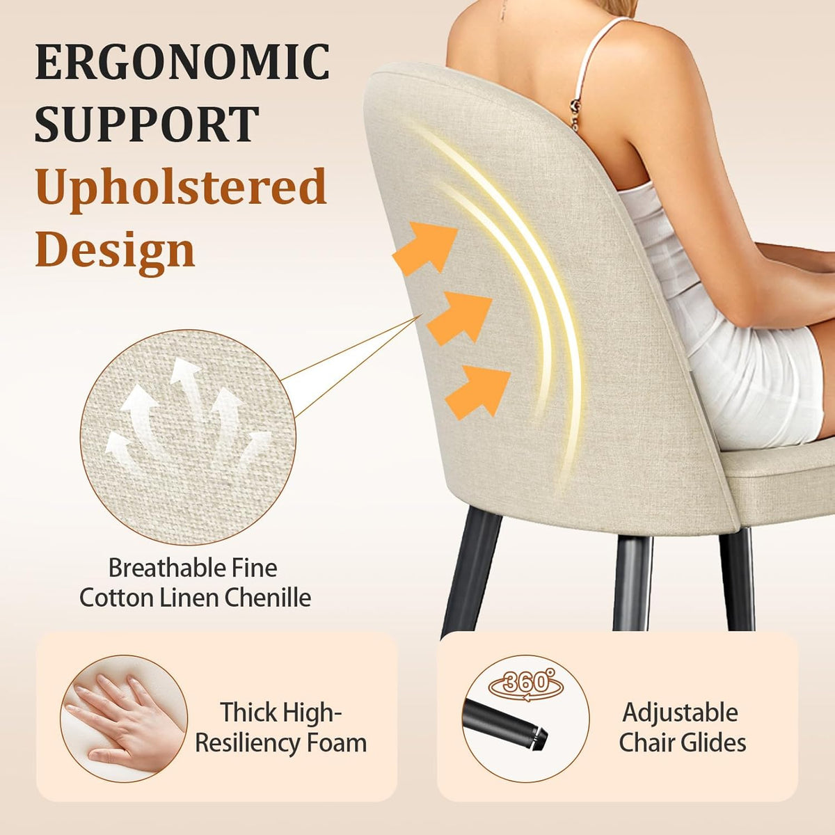 Upholstered Dining Chairs Set of 6, Comfortable Chenille Fabric Kitchen Chairs with High Back & Metal Legs, Modern Dinner Chair for Dining Room Restaurant Hotel Cafe, Beige