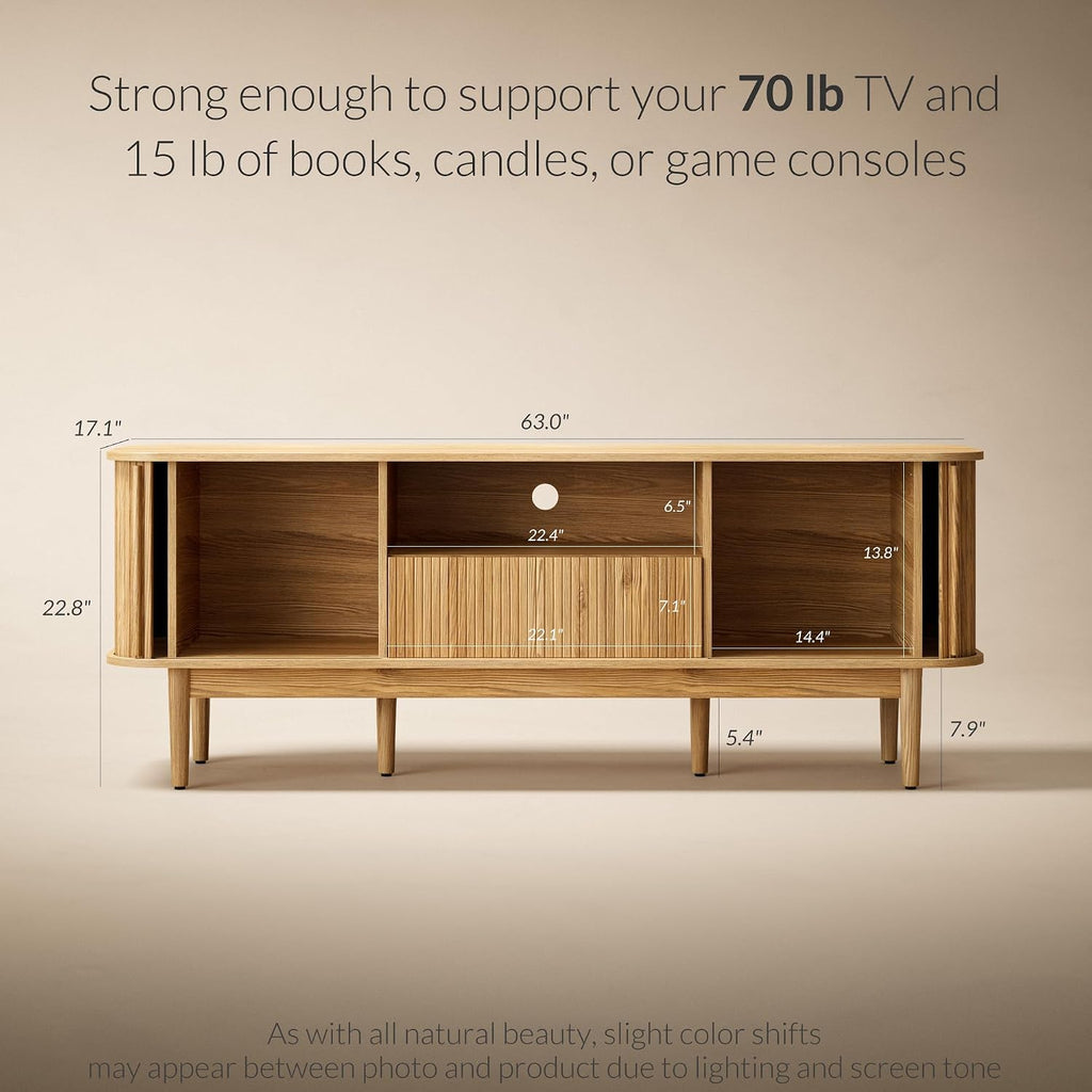 Furniway Modern TV Stand for 45/55/70 inch TV, Entertainment Center with Sliding Doors and Storage, Wood TV Stand for Bedroom, Living Room, Natural