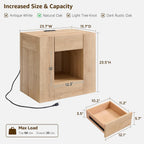 OKD 24'' Modern Nightstands Set of 2, Large End Table with Charging Station & Drawer Storage, Rustic Bedside Table for Bedroom, Living Room, Wood Thick Design, Natural Oak