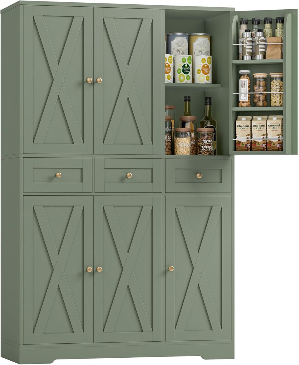 HOSTACK 67"H Farmhouse Kitchen Pantry Storage Cabinet with 3 Drawers, Green | Large Food Pantry Cabinet with Swing-Out Door Rack & Adjustable Shelf for Kitchen, Dining room, Living room