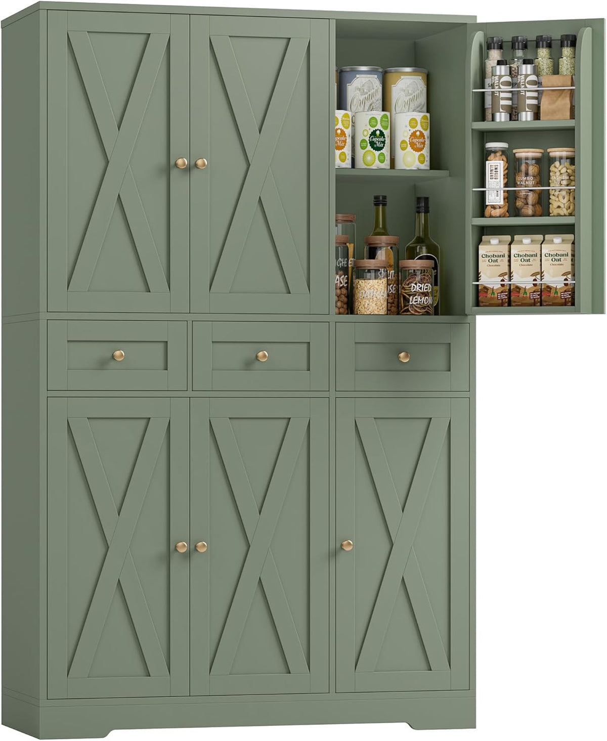 HOSTACK 67"H Farmhouse Kitchen Pantry Storage Cabinet with 3 Drawers, Green | Large Food Pantry Cabinet with Swing-Out Door Rack & Adjustable Shelf for Kitchen, Dining room, Living room