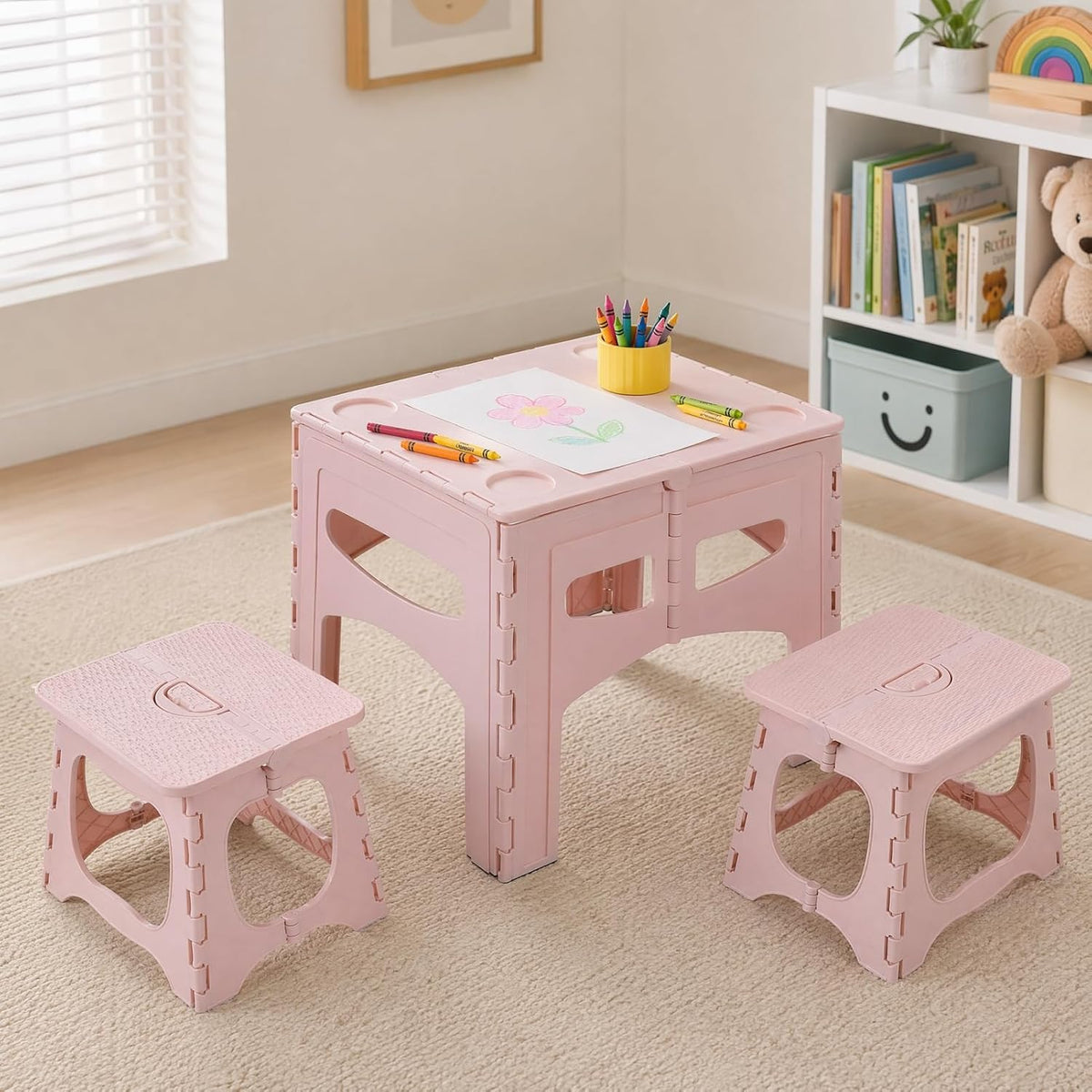 Kids Folding Table and 2 Chairs, Portable Plastic Activity Set, Light Pink | Rounded Corners, Easy Setup, Compact Storage, Lightweight Design for Crafts, Snacks, and Picnics