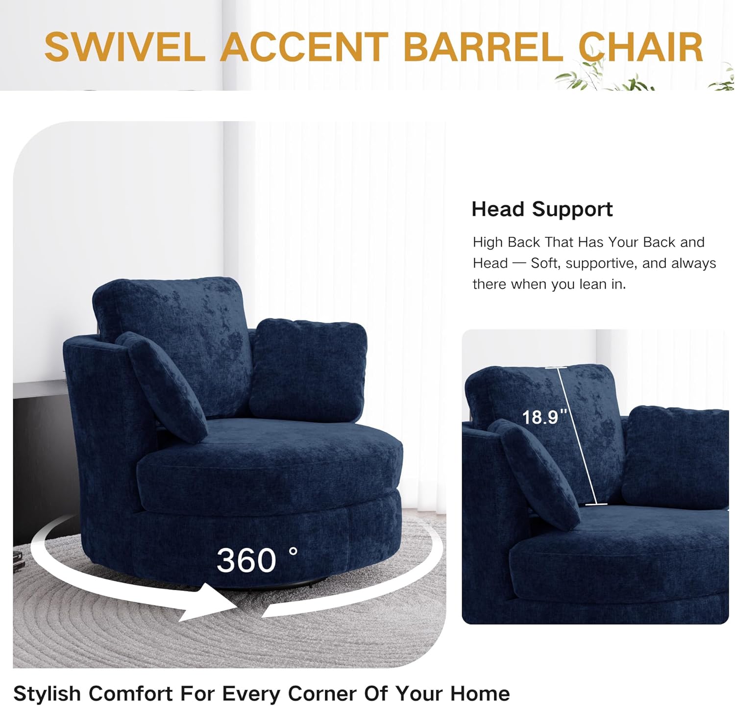 40.6''W Swivel Accent Barrel Chair, Chenille Upholstered Round Single Couch Sofa with 3 Pillows for Living Room, Apartment, Bedroom (Blue)
