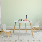 3 Pieces Multi-Activity Round Tables,Wood Table and Chairs Set,Study Dining Reading Table Set,Wooden Modern Activity Tables,with Bear & Bunny Seat Back,for Living Room, Bedroom, Playroom (White)