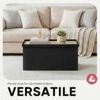 30 Inch Folding Storage Ottoman with Reversible Lid Coffee Table, Linen Fabric Multi-Functional Foot Rest & Seat for Living Room, Bedroom-Black