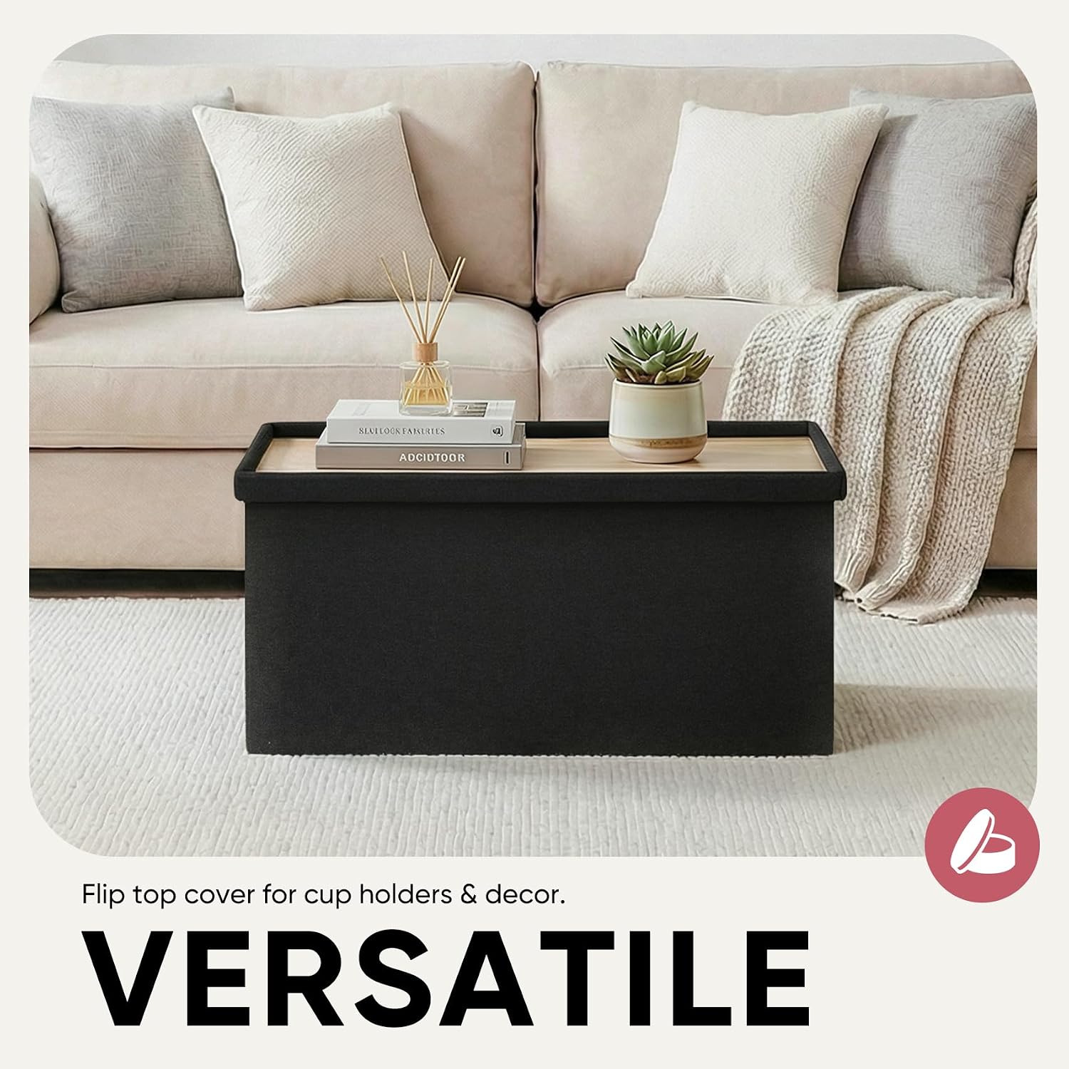 30 Inch Folding Storage Ottoman with Reversible Lid Coffee Table, Linen Fabric Multi-Functional Foot Rest & Seat for Living Room, Bedroom-Black