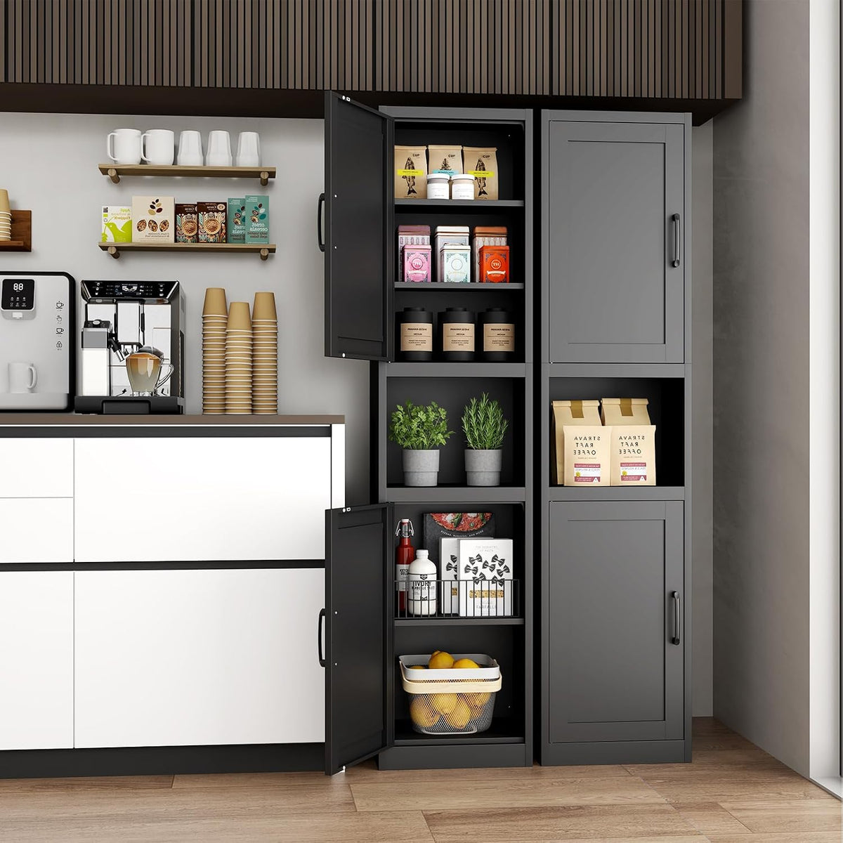 67" Tall Narrow Bathroom Storage Cabinet, Slim Metal Cabinet with Doors and Adjustable Shelves, Freestanding Pantry Organizer for Small Spaces, Bathroom, Kitchen, Laundry Room, Living Room, Black