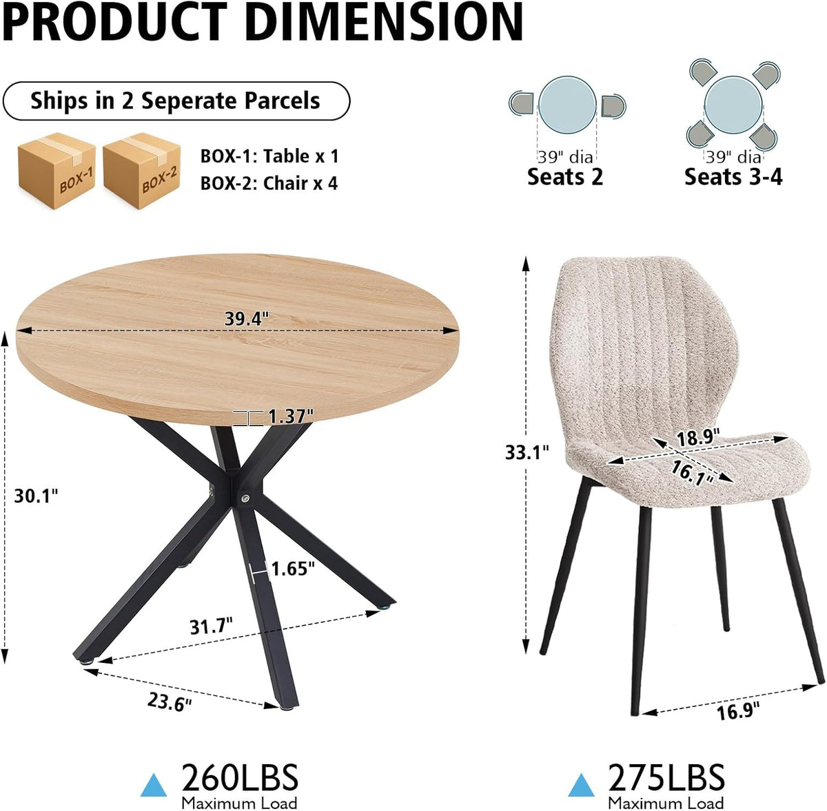 39" Round Dining Table Set for 4, Mid Century Kitchen Table with 4 Boucle Upholstered Dining Chairs for Apartment Living Room Space Saving