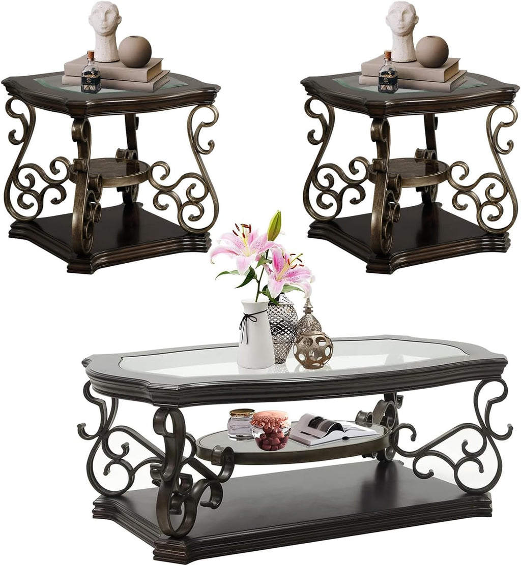 Henf 3 Piece Living Room Table Set, Retro Brown Coffee Table with 2 End Table, Coffee Table Set with Glass Top and Metal Frame for Home Office