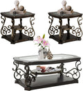 Henf 3 Piece Living Room Table Set, Retro Brown Coffee Table with 2 End Table, Coffee Table Set with Glass Top and Metal Frame for Home Office