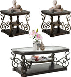 Henf 3 Piece Living Room Table Set, Retro Brown Coffee Table with 2 End Table, Coffee Table Set with Glass Top and Metal Frame for Home Office