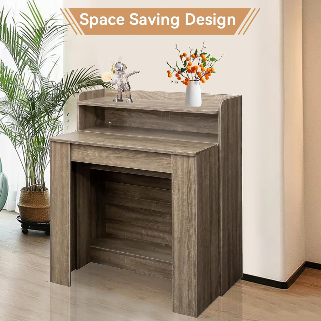 Rustic Wooden Extendable Dining Table with Storage, 20"-99" Modern Transformer Kitchen Table for 2-12, Oak Extendable Console Table with Extension Leaves Holder for Entryway Dining Room