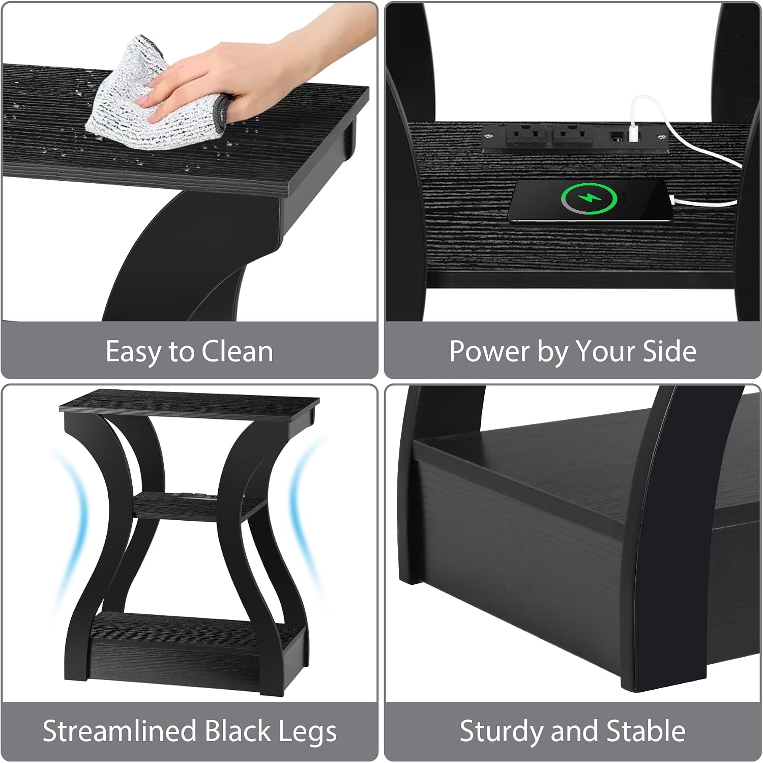 SUPER DEAL End Table Set of 2, Curved Frame Nightstand, Narrow Side Table with Charging Station for Living Room, Bedroom, Small Spaces, 2 USB and 2 Power Outlets, 19.6" W x 11.8" D x 23.4" H, Black