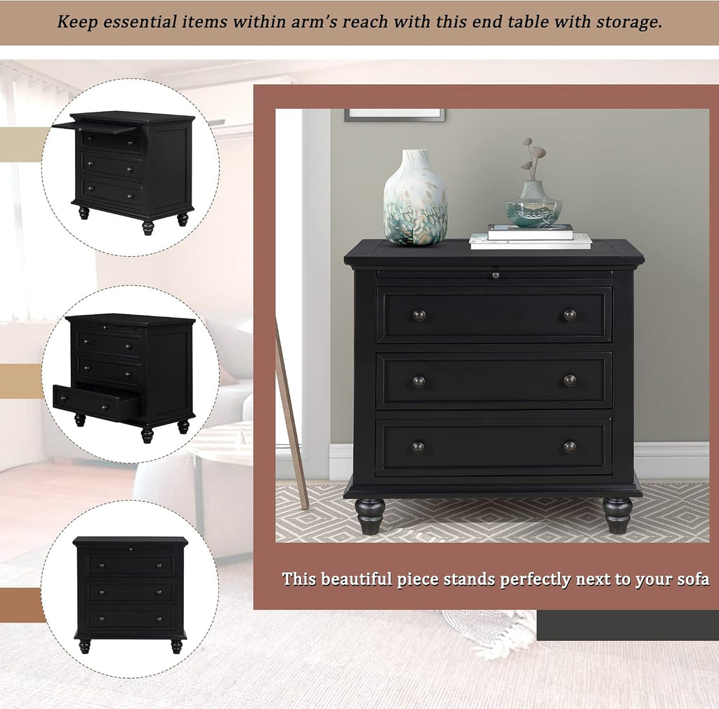 3-Drawer Storage Wood Cabinet, End Table Set of Two with Pull Out Tray As A Bedside Table, A Sofa Side Table, Or As A Decorative Piece for Living Room Or Study Room (Black-09)