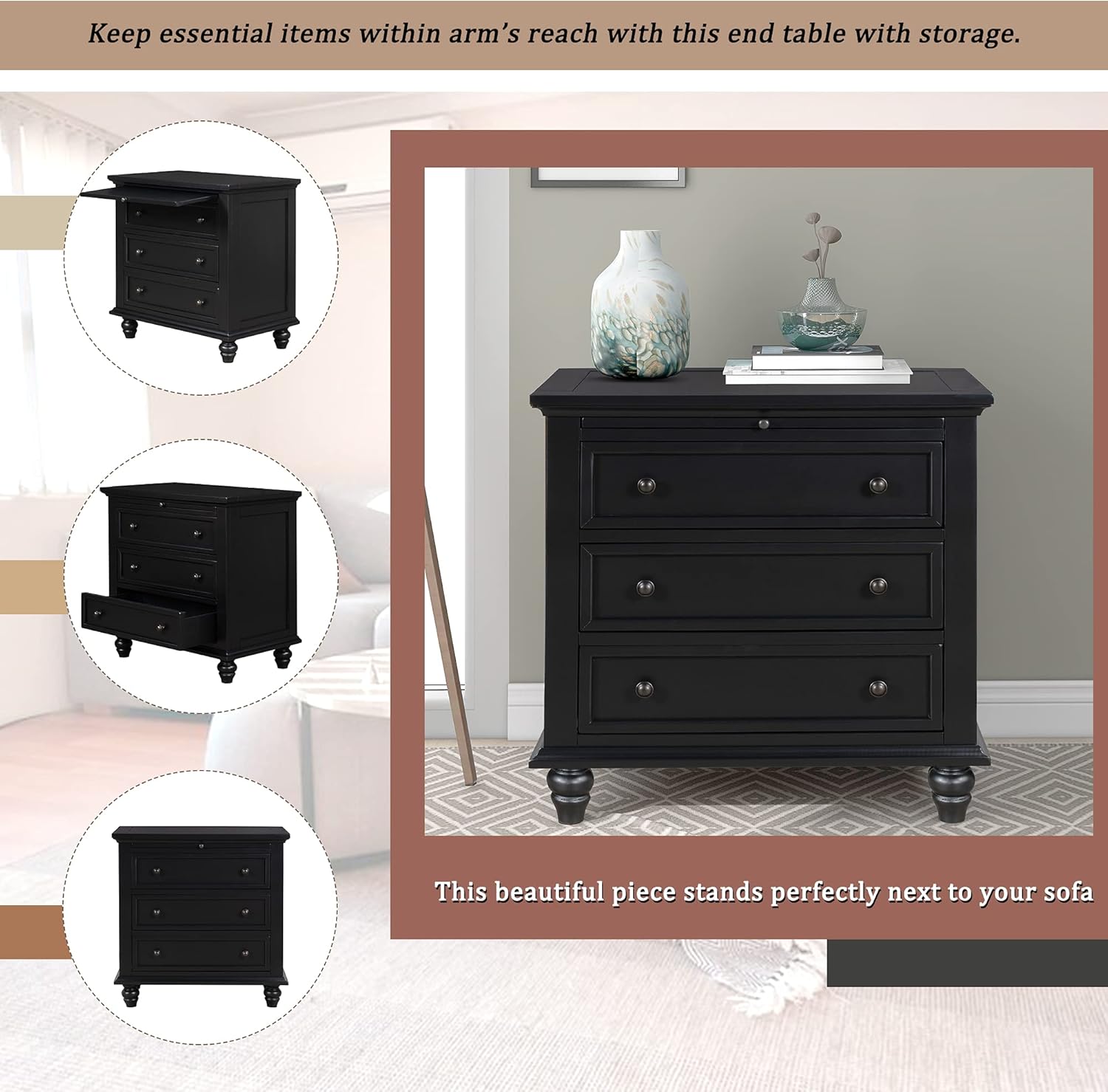 3-Drawer Storage Wood Cabinet, End Table Set of Two with Pull Out Tray As A Bedside Table, A Sofa Side Table, Or As A Decorative Piece for Living Room Or Study Room (Black-09)