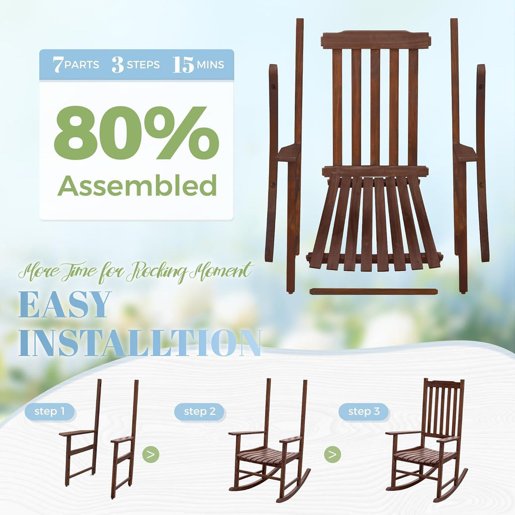 Flamaker Acacia Wood Outdoor Rocking Chairs Set of 2 (Brown) | High Back and Widen Armrest Rocking Chair Outdoor, Solid Rocking Chairs for Lawn, Garden, Backyard