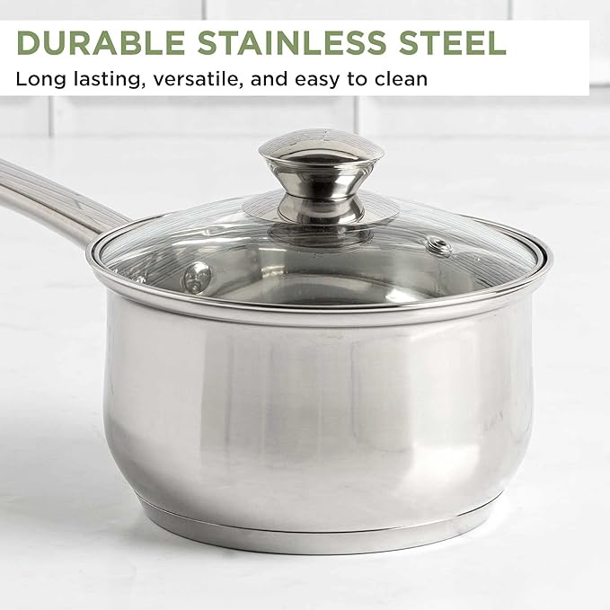Ecolution Stainless Steel Sauce Pan, Encapsulated Induction Ready Cooking Pot with Glass Lid, Oven Safe, Dishwasher Safe Soup Pot, 2-Quart
