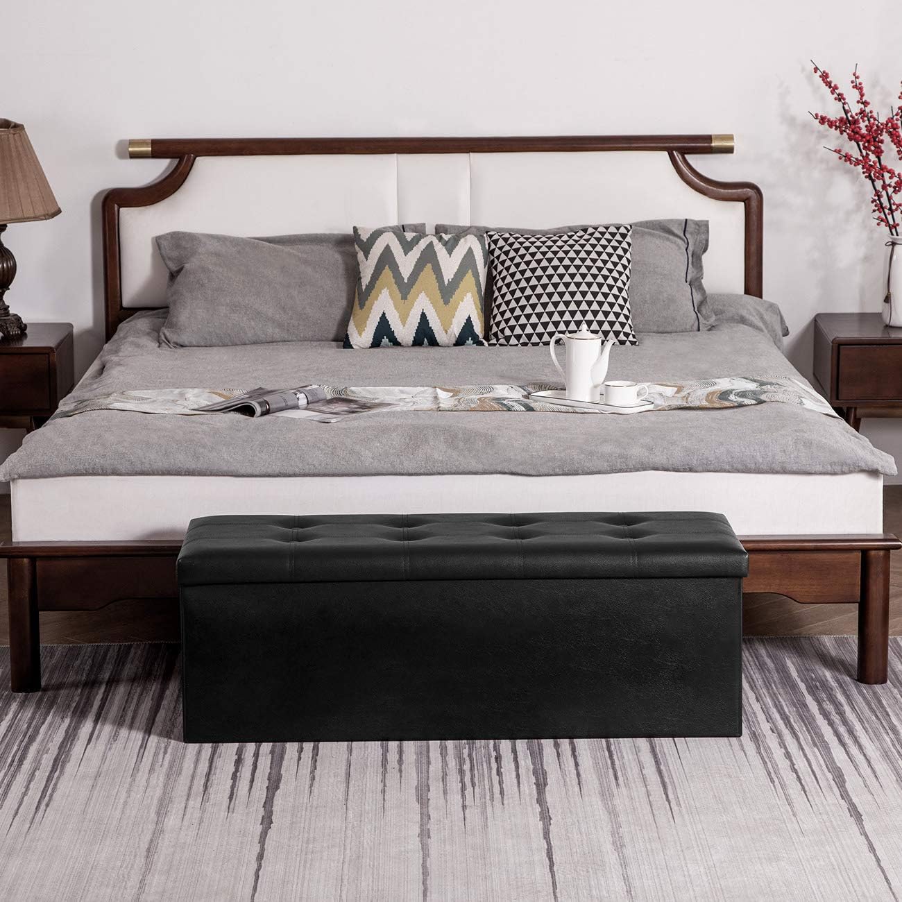YOUDENOVA 43" Ottoman with Storage, Folding Faux Leather Bench, Black | Foldable ottoman with hidden storage, padded faux leather seat and sturdy MDF frame for everyday use.