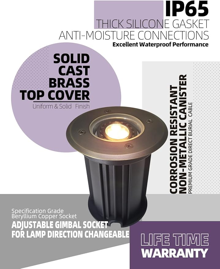MALORY Brass Open Top Cover Landscape Well Lights, 12V Low Voltage Outdoor In Ground Lights, Landscape Lighting Wired with 5W 2700K MR16 for Pathway, Driveway and Garden (Open Top, 1-Pack with Bulb)