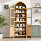 71" Tall Arched Kitchen Pantry Cabinet, Modern Farmhouse Wood Kitchens Storage Cabinets, Cupboard for Dining Room, Kitchen, Bathroom, Natural