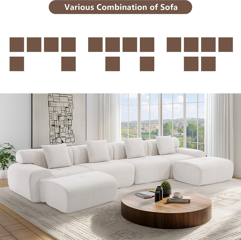 L-Shaped Modular Sectional Sofa, Sectional Couch, Oversized 3-Seater Cloud Couch with Deep Seat and Movable Ottoman for Living Room, Apartment (Beige, 3 Seater with 2 Ottoman)