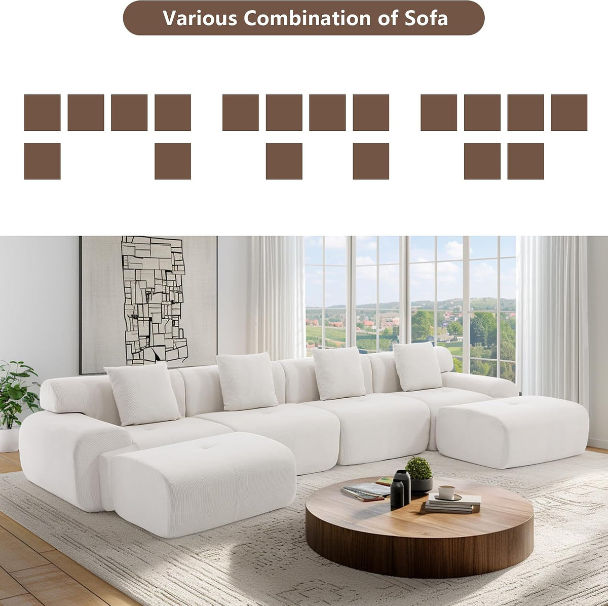 L-Shaped Modular Sectional Sofa, Sectional Couch, Oversized 3-Seater Cloud Couch with Deep Seat and Movable Ottoman for Living Room, Apartment (Beige, 3 Seater with 2 Ottoman)