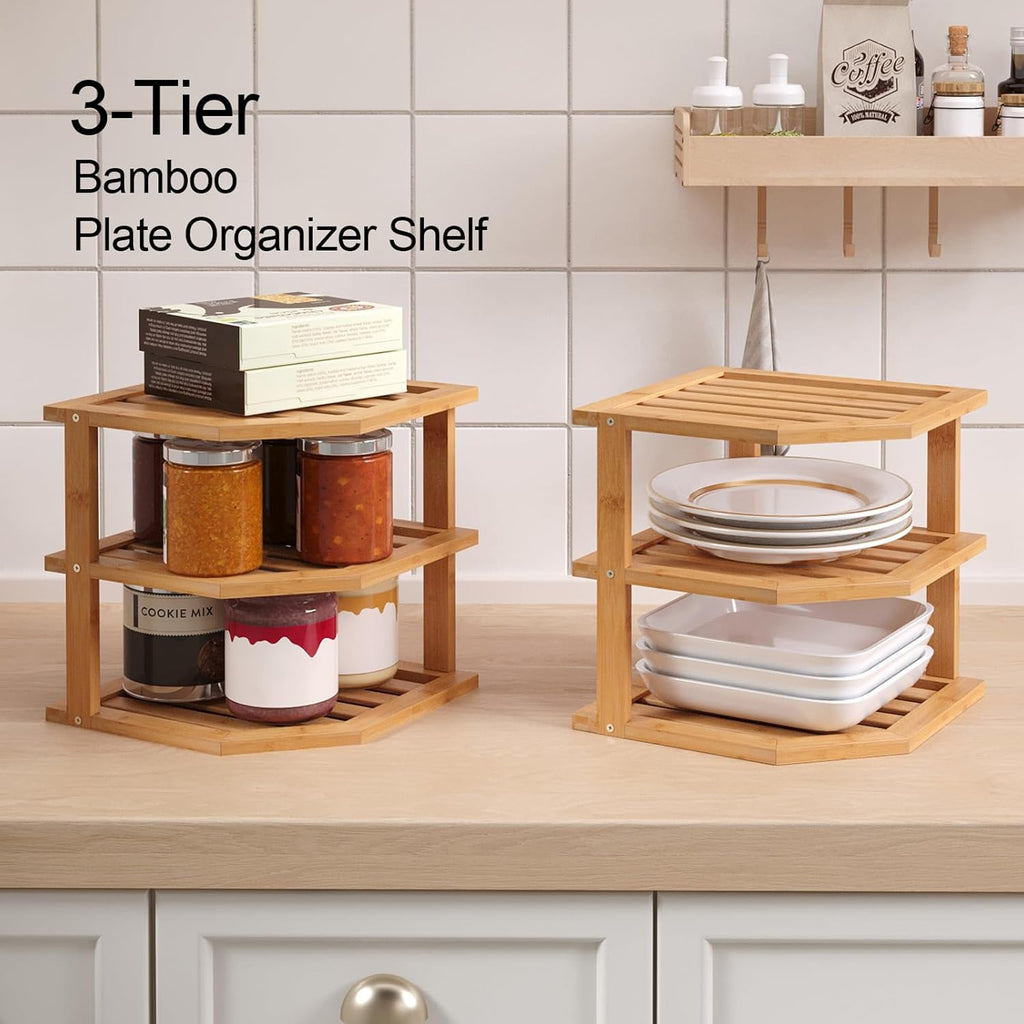 VERTORGAN 3 Tier Bamboo Corner Shelf(2 Pack),Plate Organizer,Dish Drying Rack,Kitchen Spice Rack for Countertop and Cabinet