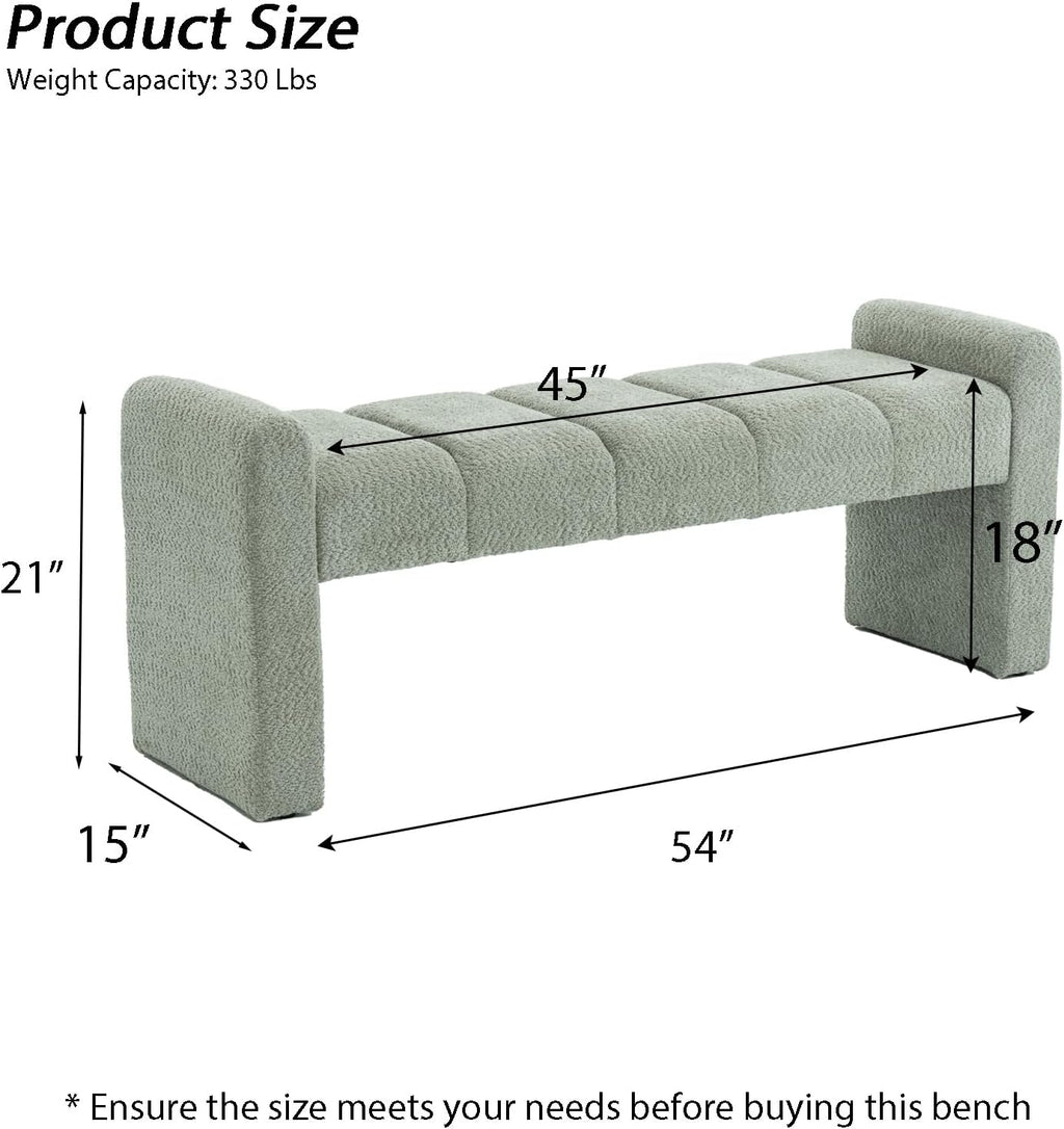 54" Boucle Bench for Bedroom Window End of Bed, Sage | Long Tufted Padded End of Bed Bench, Upholstered, For Living Room/Entryway/Dining Bench/Hallway/Indoor, Modern