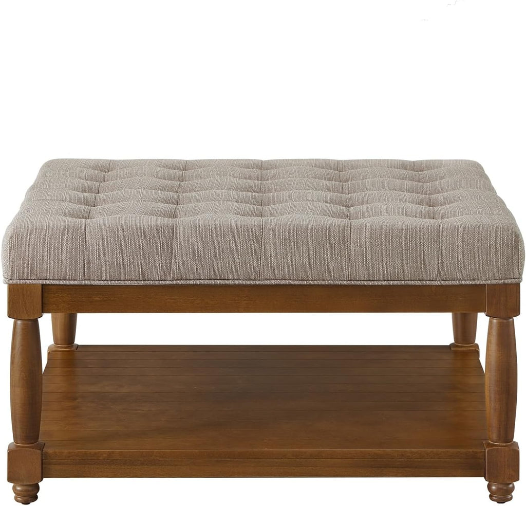 Large Square Upholstered Tufted Linen Ottoman Coffee Table, Large Footrest Ottoman with Solid Wood Shelf- Linen