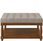Large Square Upholstered Tufted Linen Ottoman Coffee Table, Large Footrest Ottoman with Solid Wood Shelf- Linen